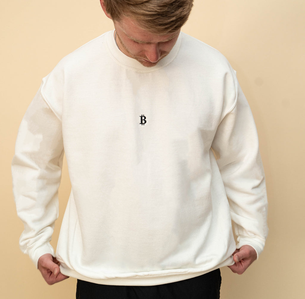 White Crewneck, Black "₿"