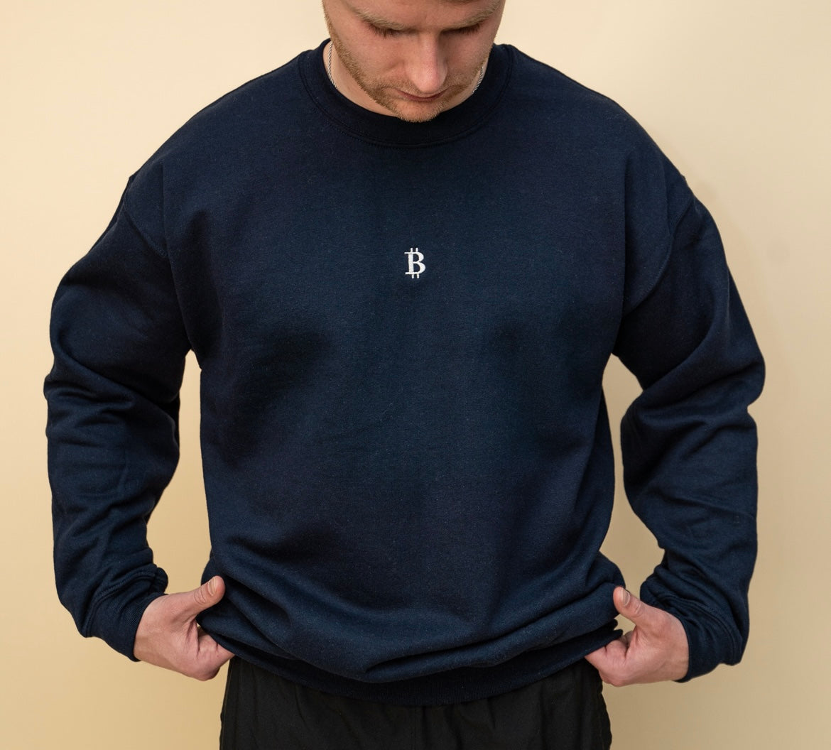 Navy Crewneck, White "₿"