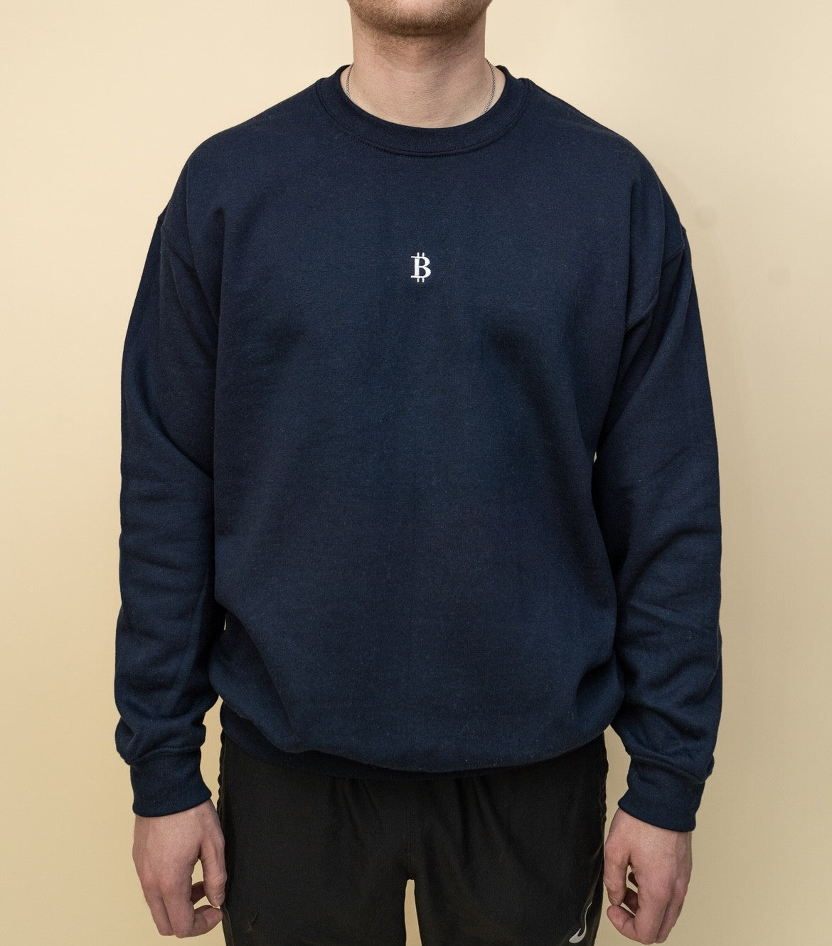 Navy Crewneck, White "₿"