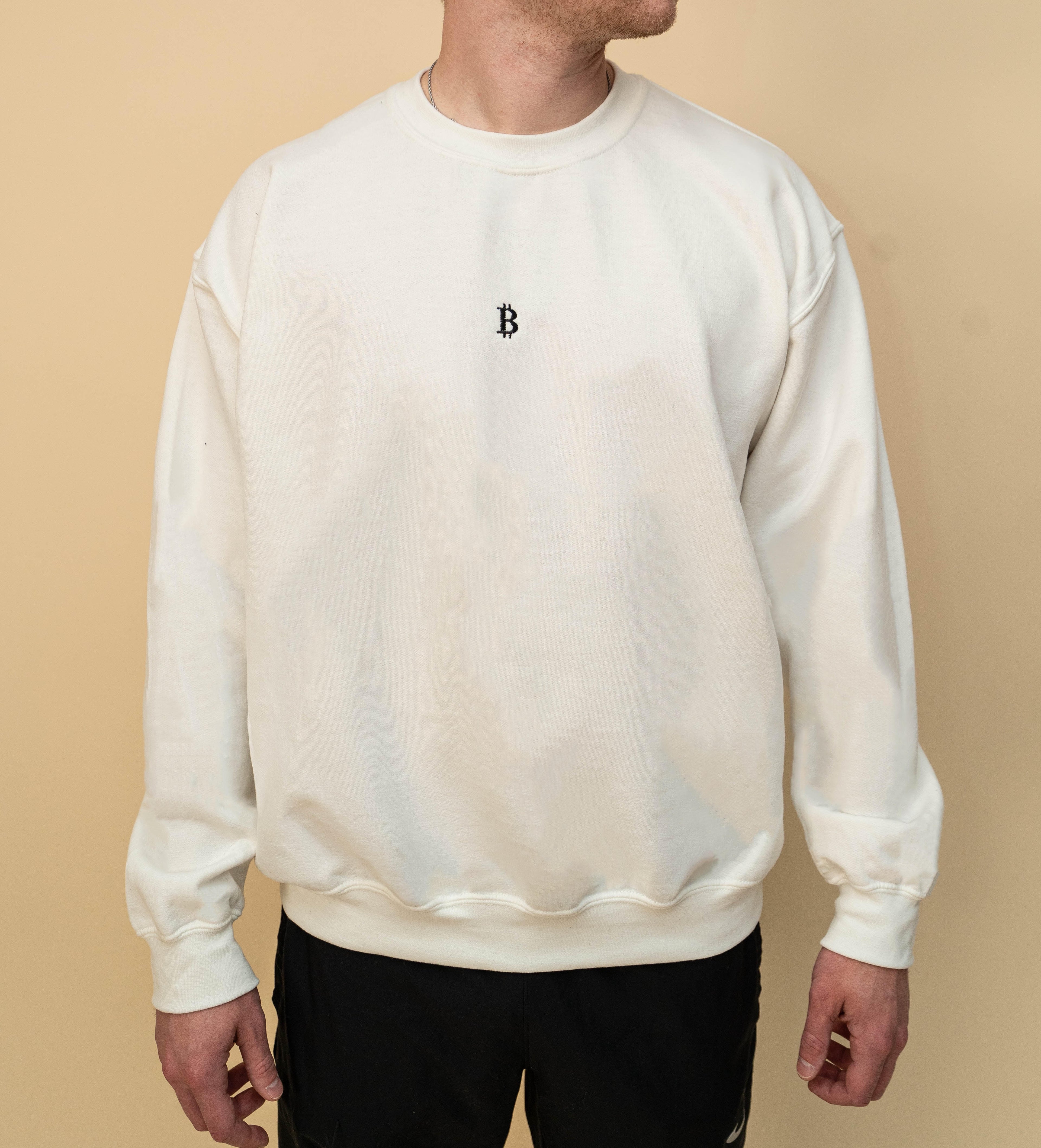 White Crewneck, Black "₿"